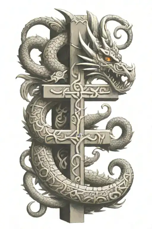 Aztec dragon wrapping around a cross made tattoo design idea