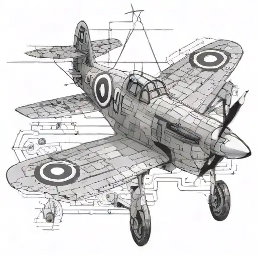 top down engineering drawing of a spitfire tattoo design idea