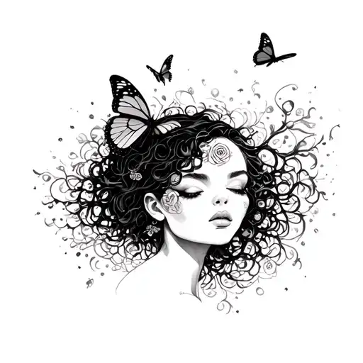 black women w/ scrambles out of her opens head and a small butterfly landing on the scrambles  tattoo design idea