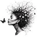 black women w/ scrambles out of her opens head and a small butterfly landing on the scrambles  tattoo design idea