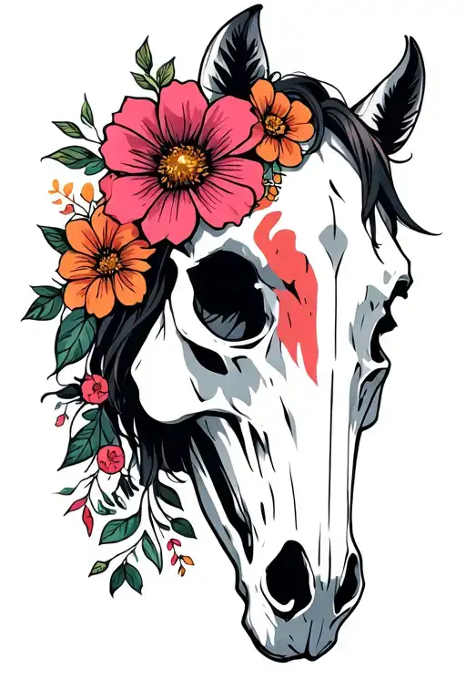 horse skull with flowers tattoo design idea