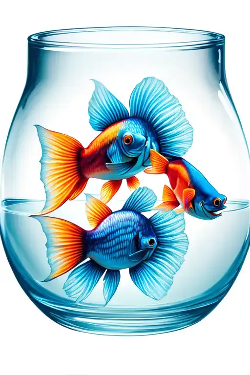 His & hers, 2 smiling happy fish with shadows in a fish bowl colour tattoo design idea