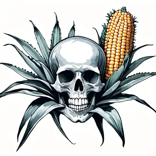 Blue Agave Plant with Skull and Venso Corn tattoo design idea