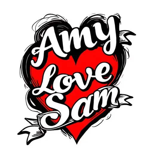 "Amy love Sam " red heart with banner wrapping tattoo design idea