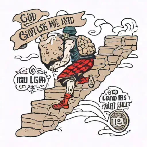person carrying a boulder up stairs to heaven with the quote "God lead me through hell so why fear man" tattoo design idea