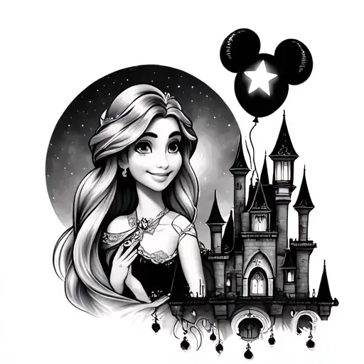 Make me a tattoo with the Rapunzel lanterns with a Mickey ballon over a small Disney castle with the Evangeline Star up  tattoo design idea