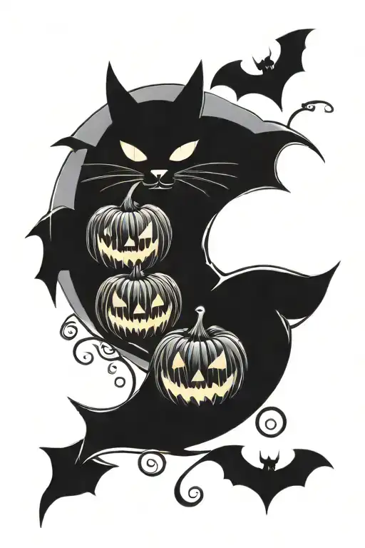 crescent moon halloween bats, cats, spider and jack-o-lanterns tattoo design idea