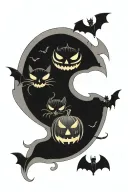 crescent moon halloween bats, cats, spider and jack-o-lanterns tattoo design idea