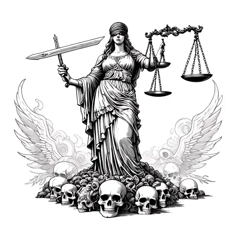 Lady Justice standing triumphantly on top of a pile of skulls, blindfolded, holding scales and a sword, dark tattoo styl tattoo design idea