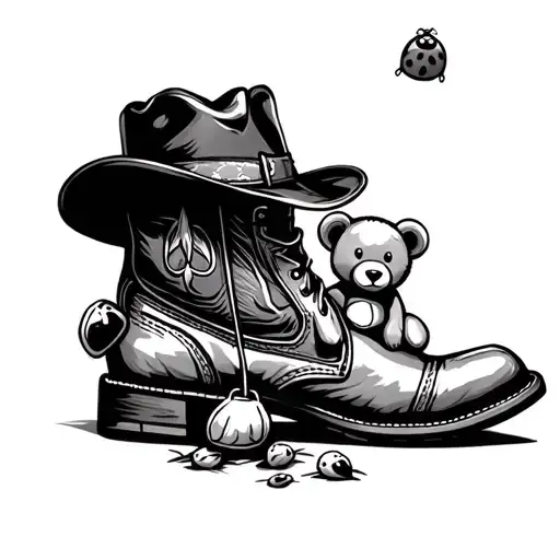 cowboy boot with hat sitting on top with a teddy bear and a lady bug around  tattoo design idea