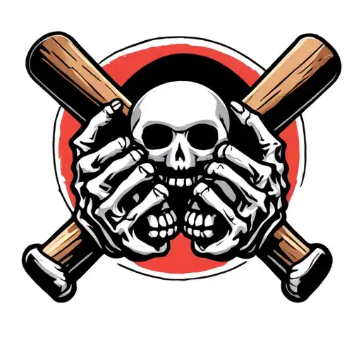 skeleton hands holding two crossed wooden baseball bats tattoo design idea