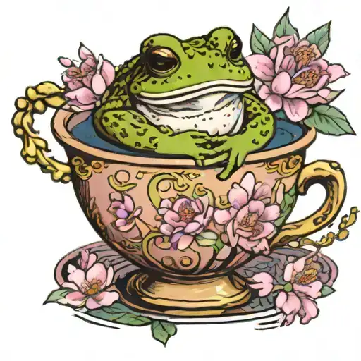 toad bathing in in a teacup with sakura tattoo design idea