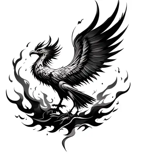 An abstract design of a phoenix rising from the ashes, symbolizing resilience and strength in overcoming challenges, incorporating elements of muay thai fighting tattoo design idea