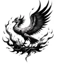 An abstract design of a phoenix rising from the ashes, symbolizing resilience and strength in overcoming challenges, incorporating elements of muay thai fighting tattoo design idea