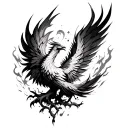 An abstract design of a phoenix rising from the ashes, symbolizing resilience and strength in overcoming challenges, incorporating elements of muay thai fighting tattoo design idea