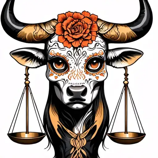 woman body bull with sugar skull markings, brown eyes and two Libra scales and dark background tattoo design idea