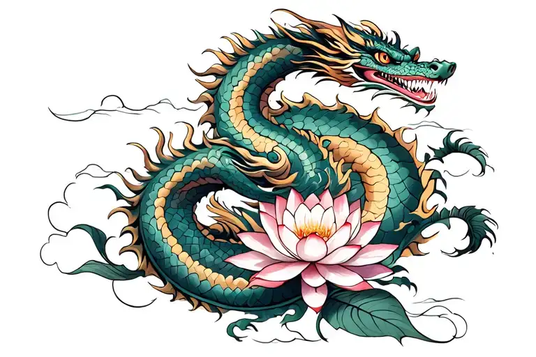 vietnamese dragon and lotus flower growing tattoo design idea