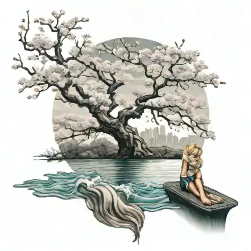 cherry blossom tree above blonde womans with hair blowing across her face with river under her feet tattoo design idea