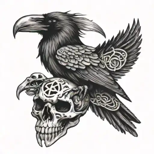 Raven holding skull in talons with Celtic symbols around it tattoo design idea