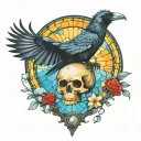 raven flying with a skull and amanita mushrooms with blue stained glass window background tattoo design idea
