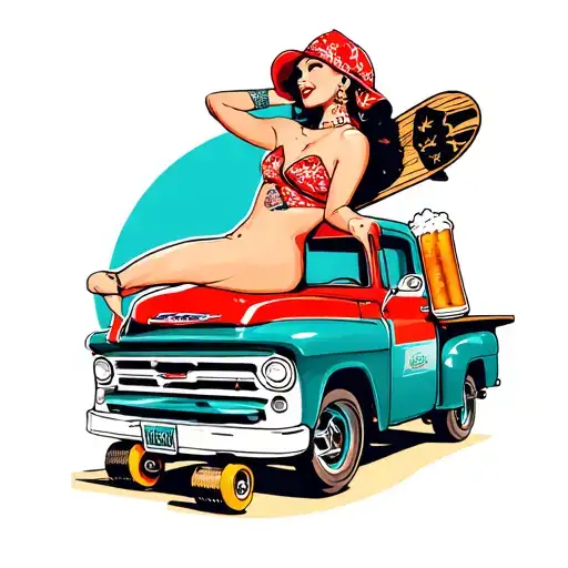 pin up girl beer skateboard surfboard Chevy truck dickies vans bandana tattoo design idea