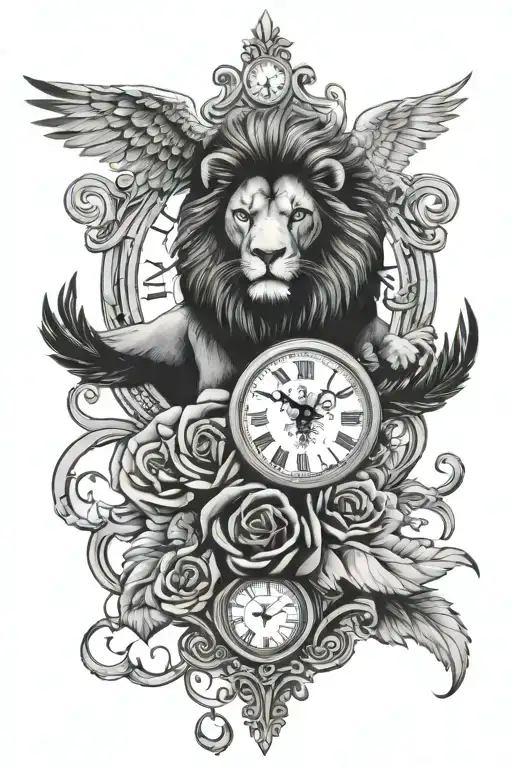roses lion clock eagle soaring tattoo design idea