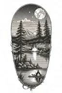 Man, woman, child, sitting at campfire overlooking lake. Trees, mountains, moon in background. Cabin on the shore tattoo design idea