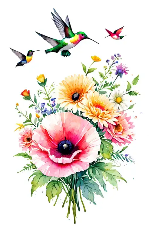 Flower Bouquet with poppy, chrysanthemum Daisy, Lily of the Vally and Hummingbirds flying around it.  tattoo design idea