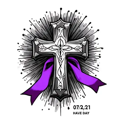 A cross with a purple ribbon tide on the bottom and have the day 07/24/21 on the side of the cross tattoo design idea
