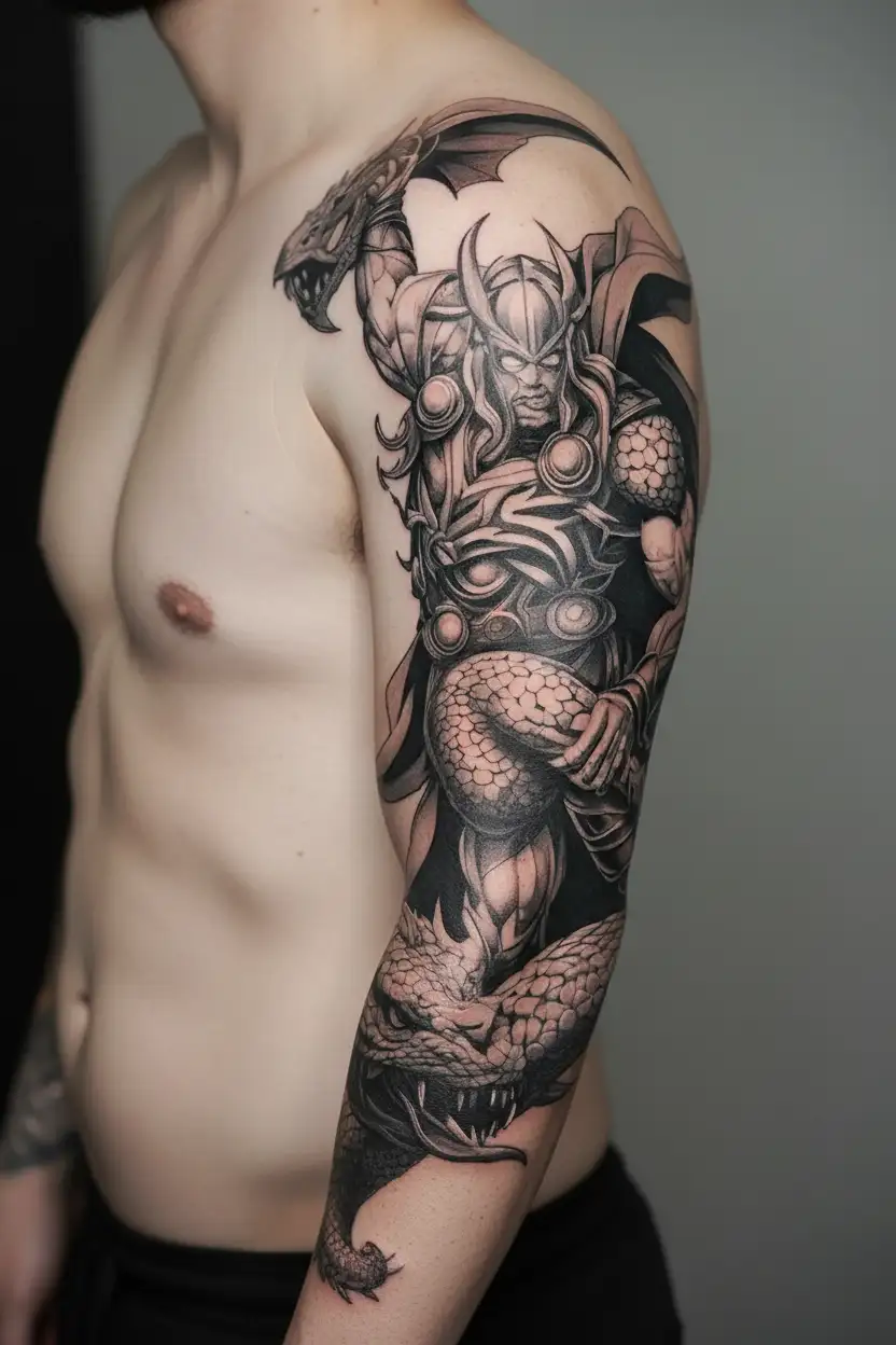 Thor battling Jormungandr tattoo design idea