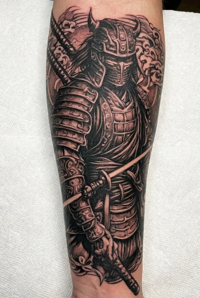 samurai with katana in mask black and white tattoo sketch simple tattoo design idea
