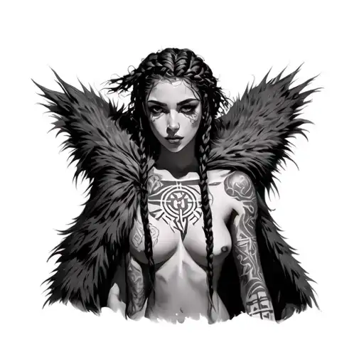a topless, tattooed fantasy woman with messy braided hair, fur cloak falling off, Norse runes on her body tattoo design idea