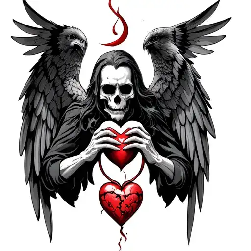 The dead priest Satanist by the wings of an angel in a Gothic style holds a broken heart in its beak tattoo design idea