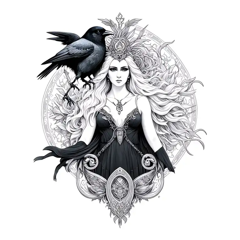 elegant Hecate goddess with a crow, key tattoo design idea
