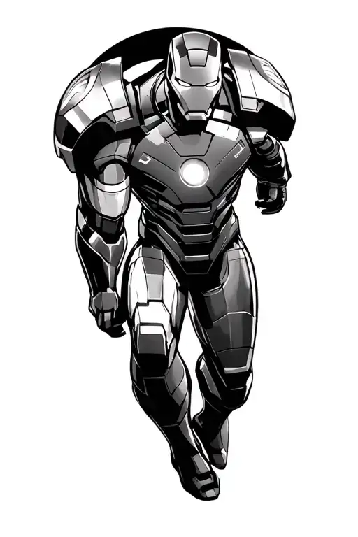 “Iron Man in black & grey, heroic pose, Alps in background, bib 1172 on arm, 10:34:50 below arc reactor, vertical tattoo tattoo design idea