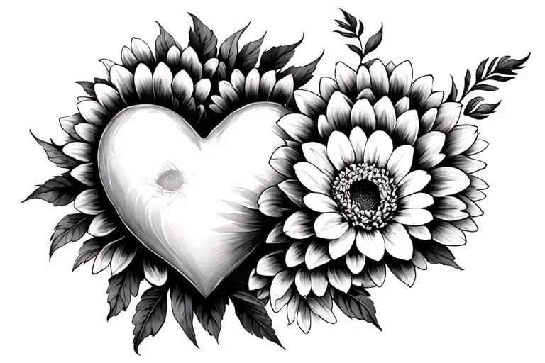 Black Heart and chrysanthemums tattoo design idea