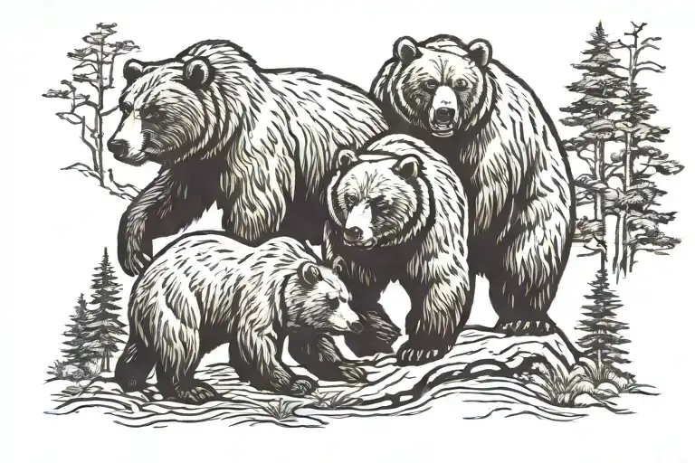 3 grizzly bears in the woods peacefully  tattoo design idea