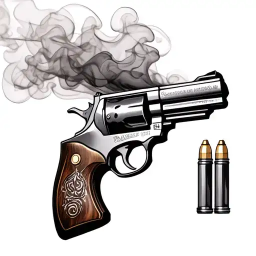 Revolver pistol with smoke and cartridges  tattoo design idea