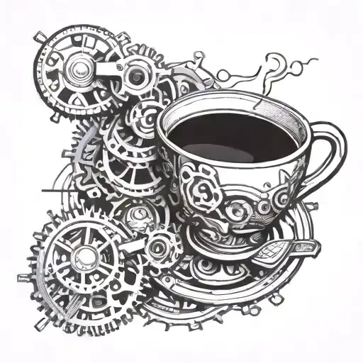 A steaming cup of coffee with gears and mechanical elements incorporated, symbolizing the client's passion for engineering tattoo design idea