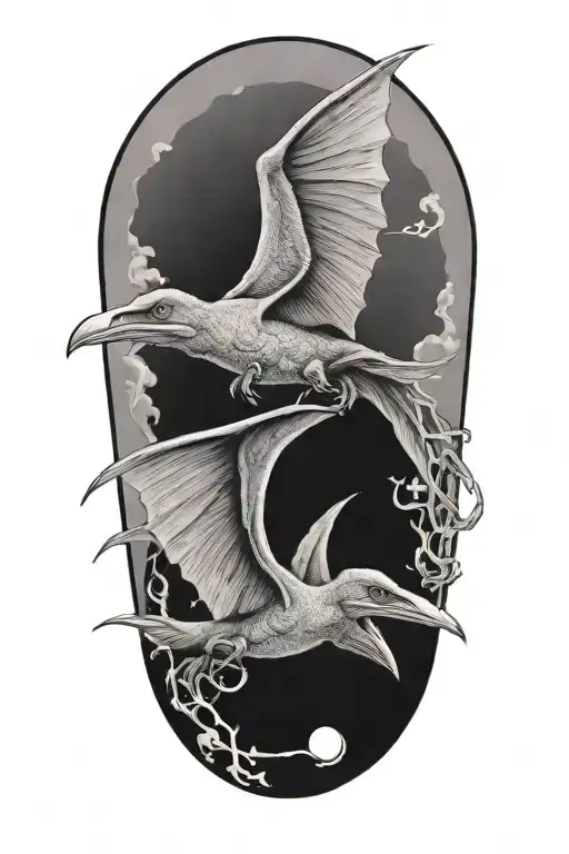 mother and baby pterodactyl flying tattoo design idea