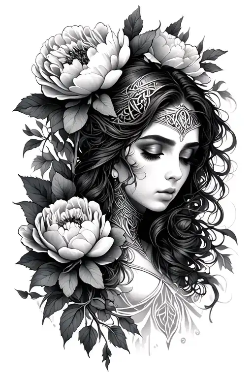 peonies, celtic warrior, woman, open eyes, strong woman, growth tattoo design idea