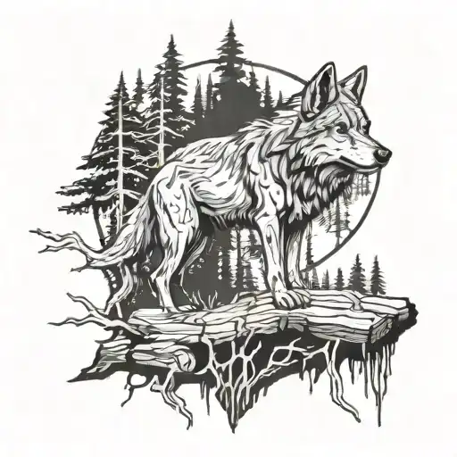there is a forest in the middle, a stump on it, a chainsaw, and a wolf is looking out of the forest tattoo design idea
