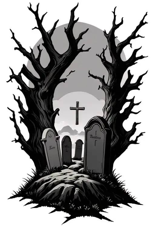 dead tree limbs surrounding 3 tombstones with a cross on a hill tattoo design idea