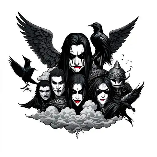 tattoo sleeve with eric draven, itachi uchiha, sad and happy masks, clouds, a couple crows, and knight with angel wings tattoo design idea