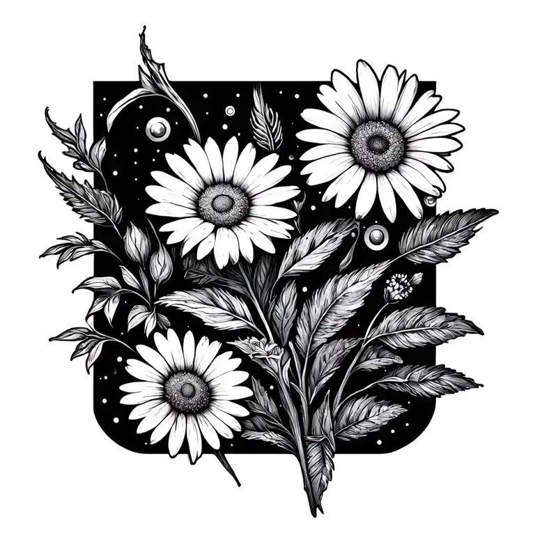 Marguerites, foliage and geometric shapes tattoo design idea