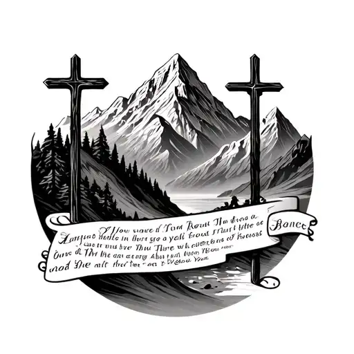 mountain and valley beneath 3 crosses and a bible verse tattoo design idea