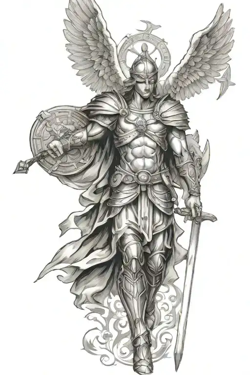 I want a Christian tattoo with archangel michael as a warrior of Christ with a Big cross standing behind him tattoo design idea