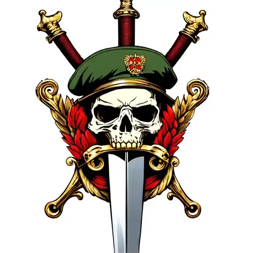 royal marines dagger with skull wearing green beret tattoo design idea
