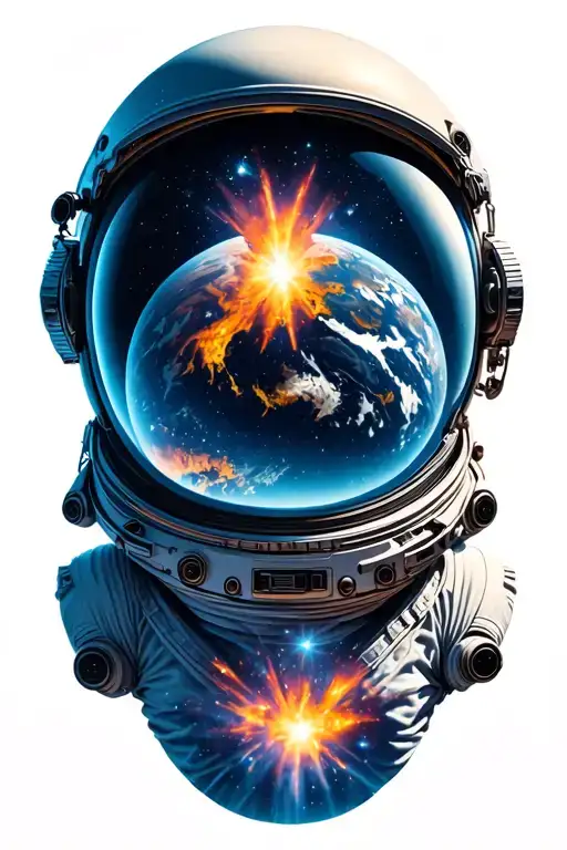 astronaut helmet with a galaxy in the background.  earth exploding the the reflection of the helmet glass tattoo design idea