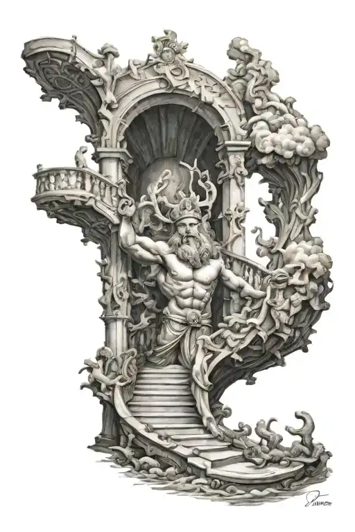 poseidon god and stair way to heaven tattoo design idea